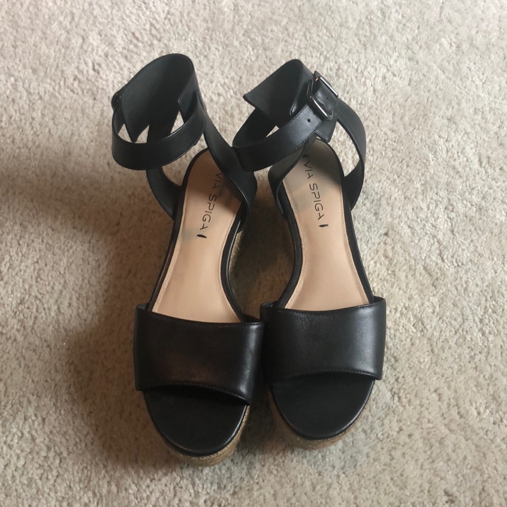 Via Spiga Black and Tan Espadrille Platform Wedges